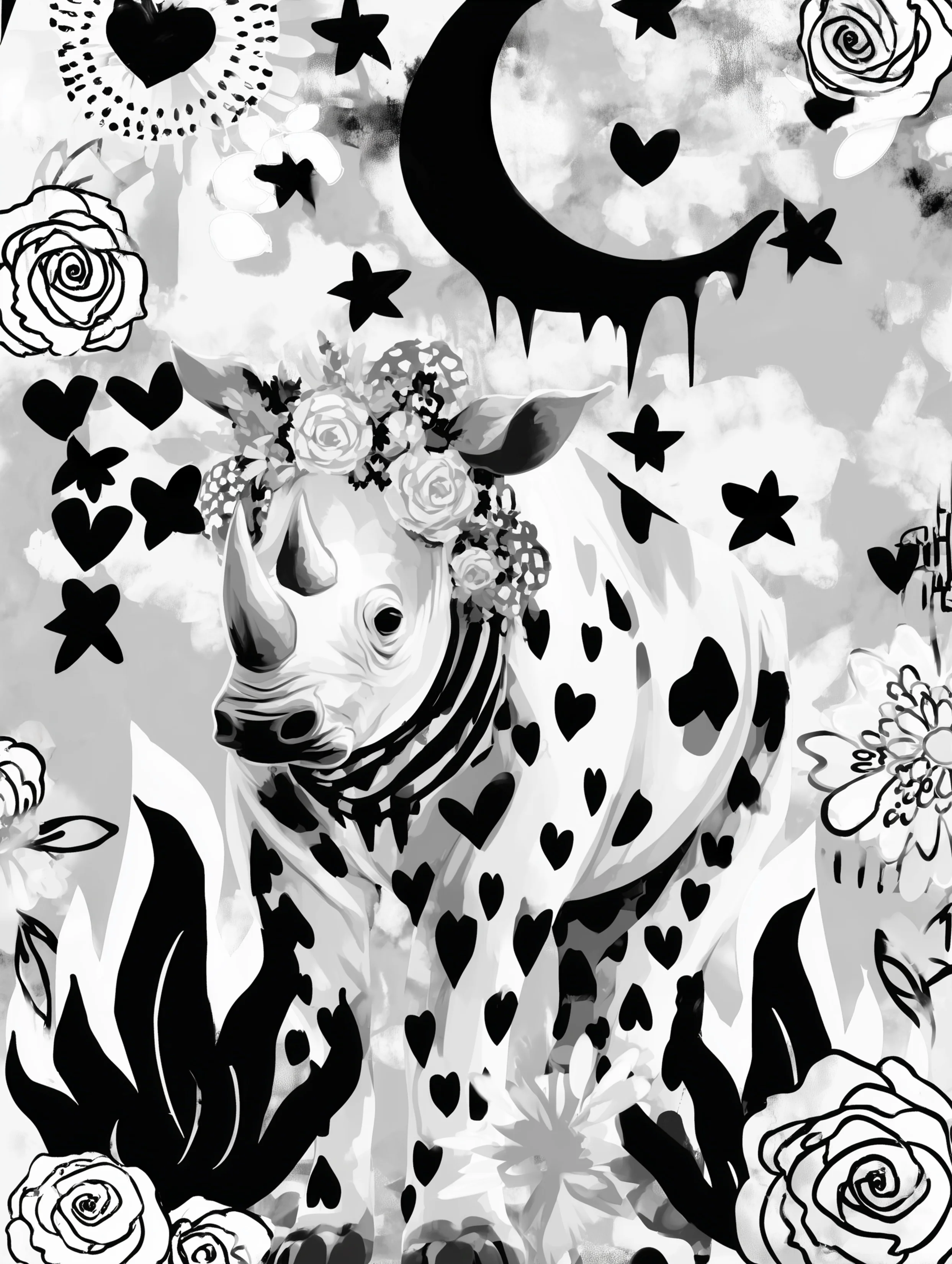 Free printable rhino coloring pages for adults featuring moon over rhino